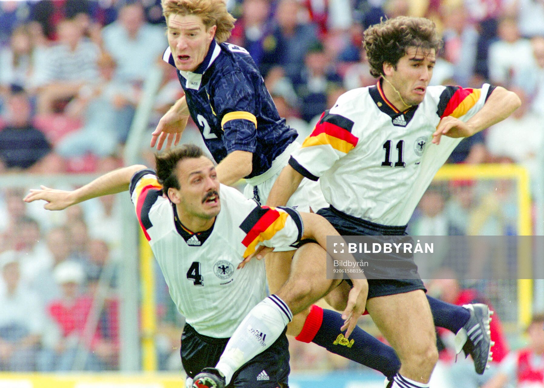 Germanys Jurgen Kohler (L) and Karl-Heinz Riedle against