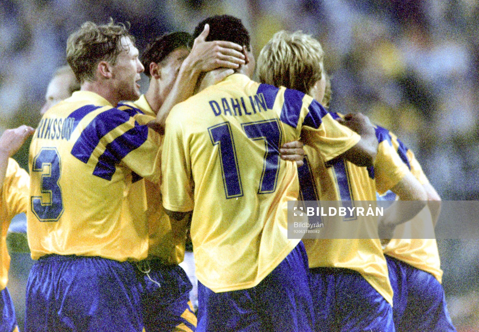 Swedens winning goalscorer Tomas Brolin (11) celebrates