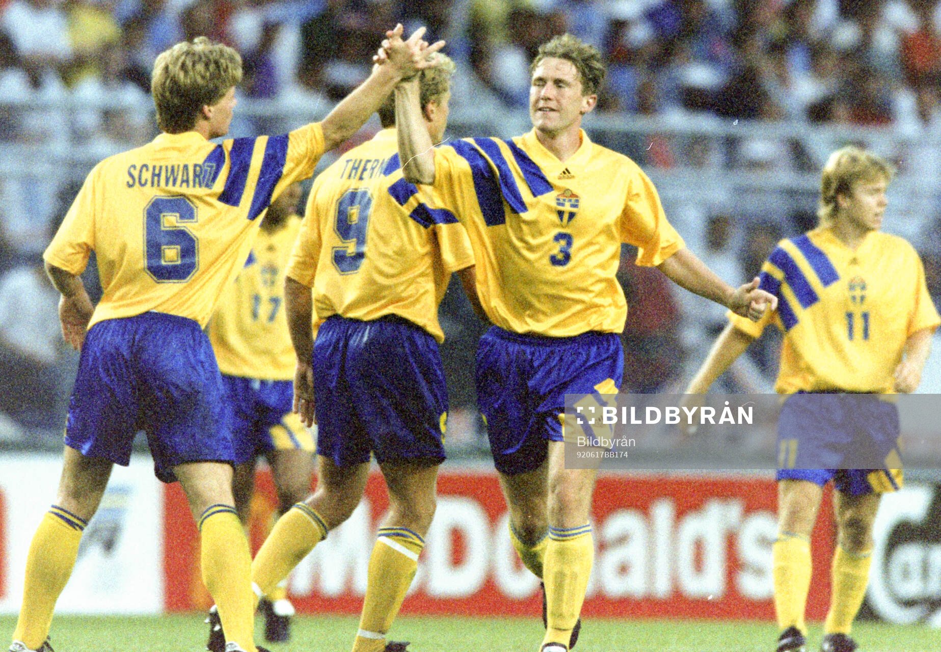 Swedens Jan Eriksson (3) celebrates his equalizing goal to