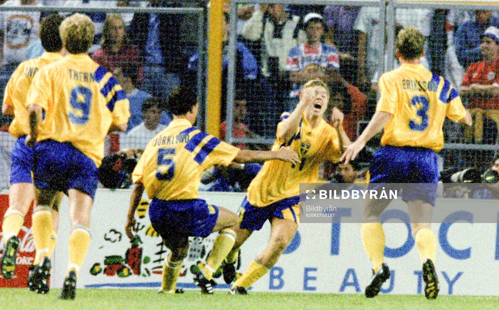 Swedens Tomas Brolin celebrates his winning goal to 2-1