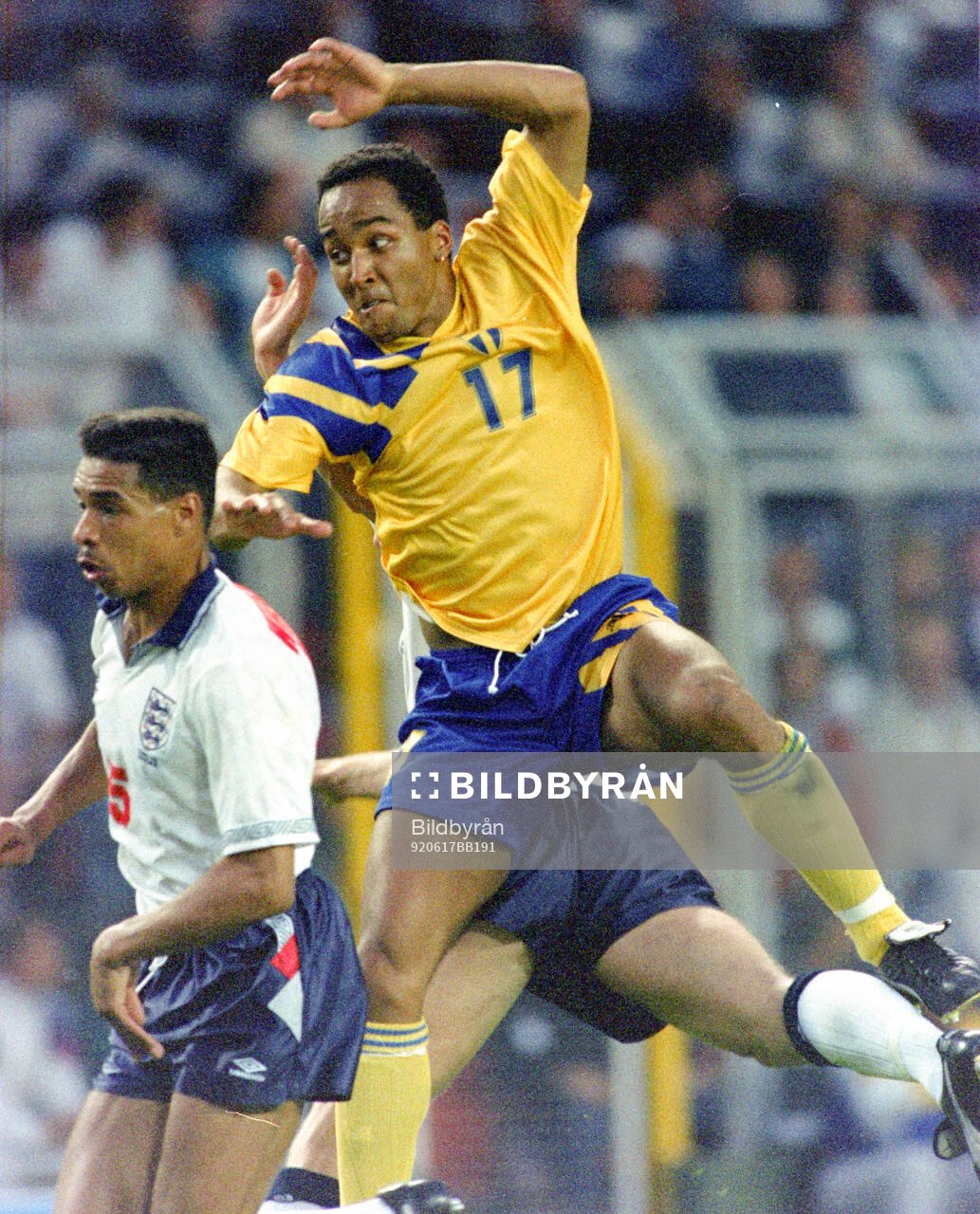 Swedens Martin Dahlin against Englands Des Walker