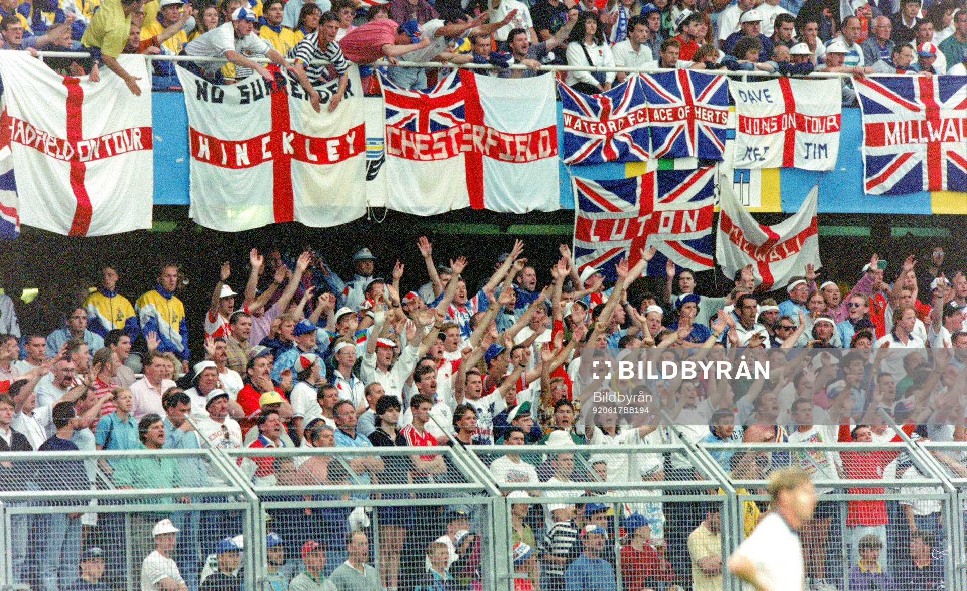 English fans in the stands at Rasunda Stadium