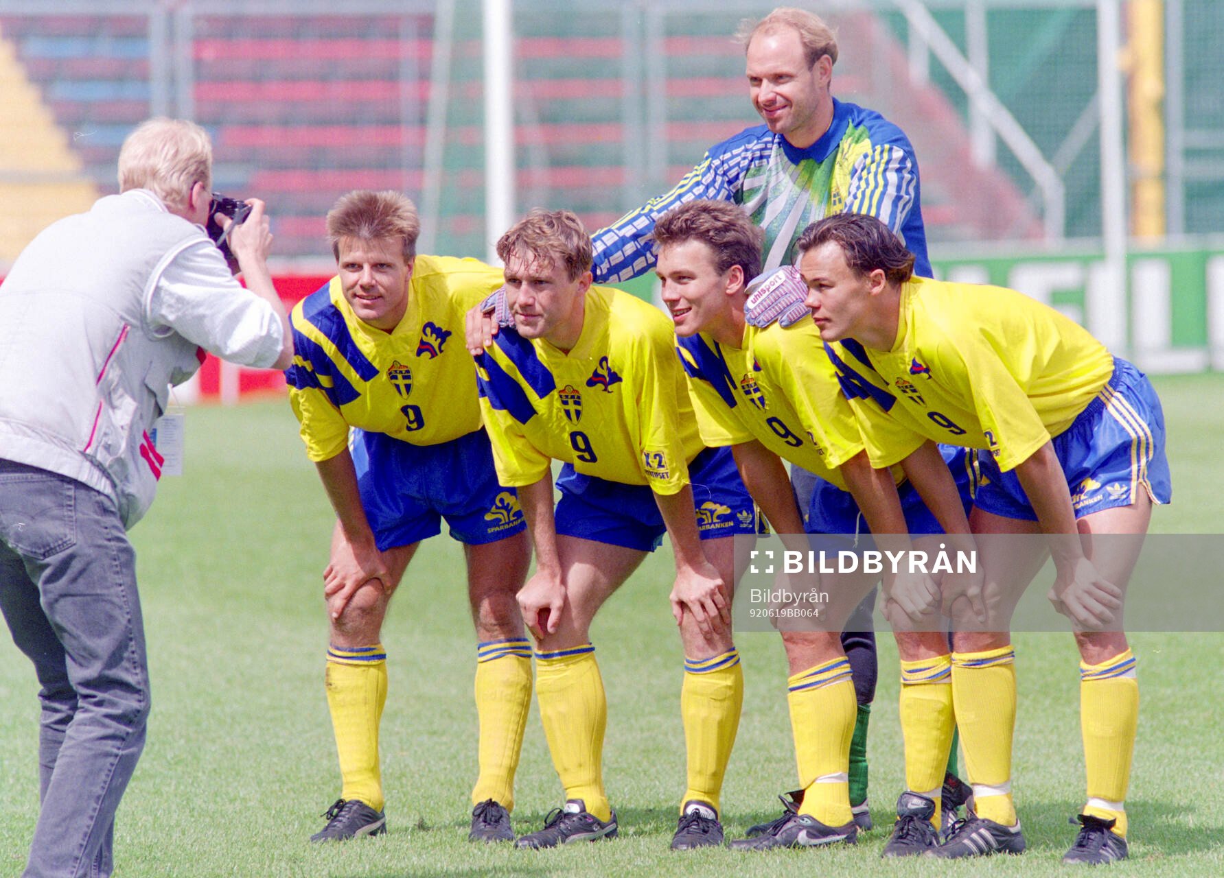 Swedens goalkeeper Thomas Ravelli with his back line: L-R: