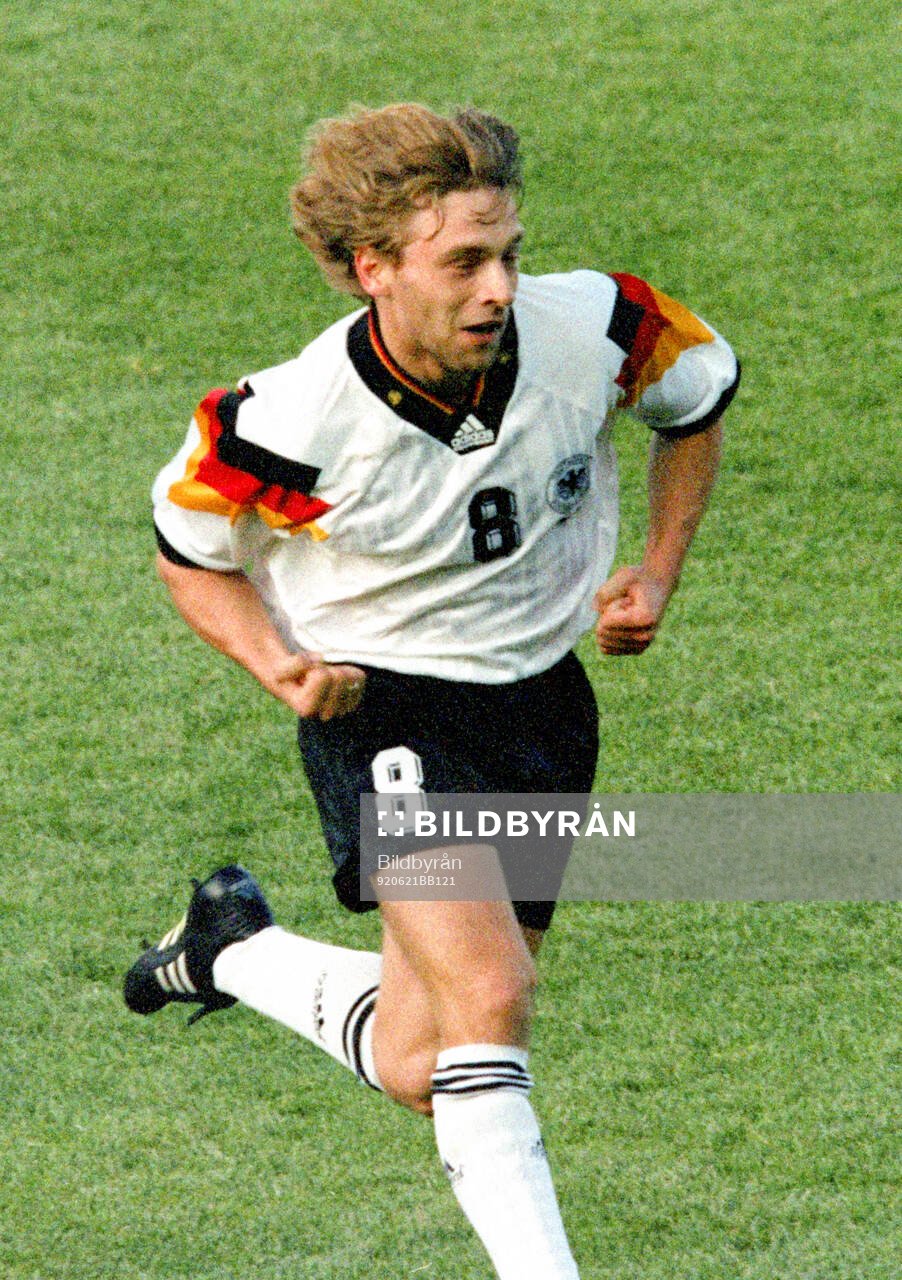 Thomas Hassler of Germany celebrates his goal for 1-0