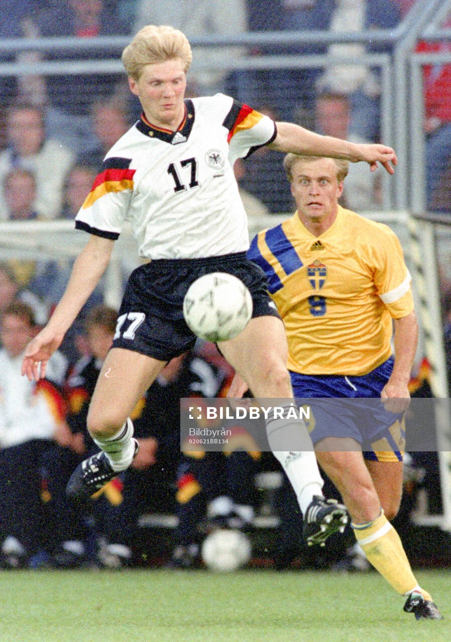 Stefan Effenberg of Germany against Jonas Thern of Sweden