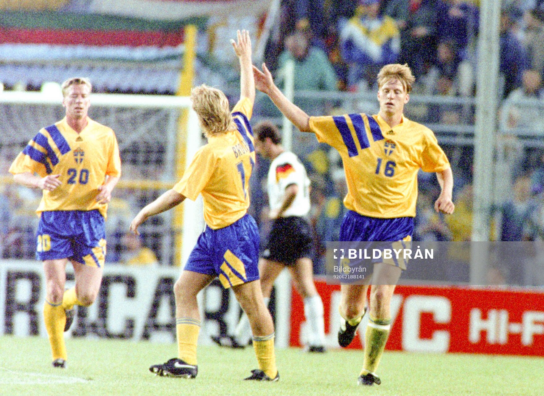 Kennet Andersson (16) of Sweden celebrates his goal with
