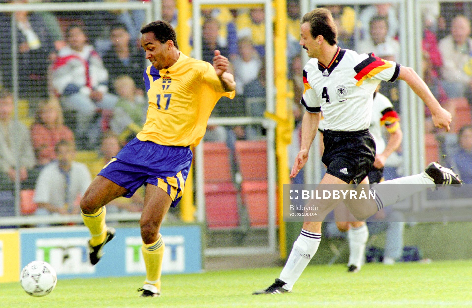Swedens Martin Dahlin against Germanys Jurgen Kohler