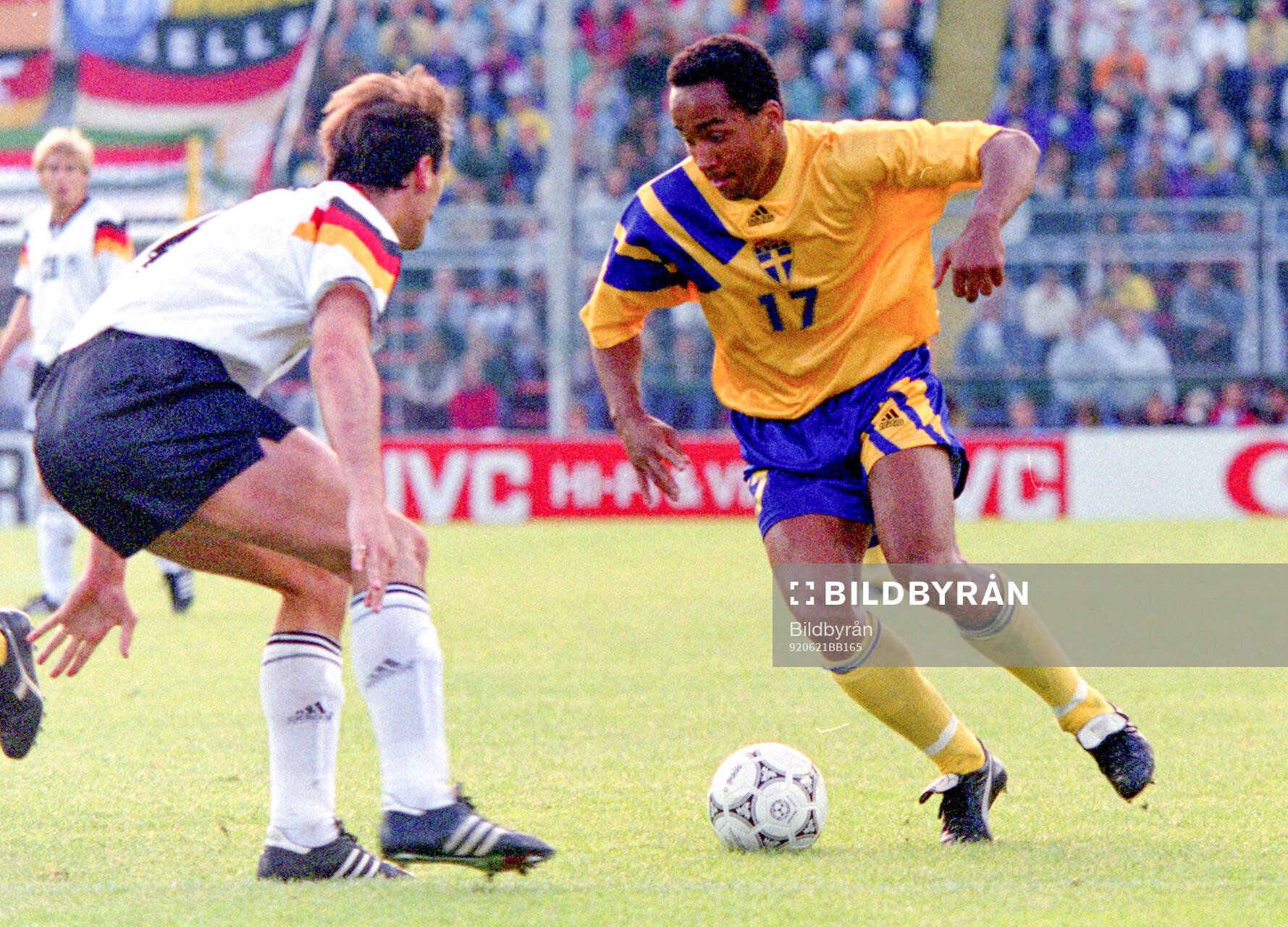 Swedens Martin Dahlin against Germanys Jurgen Kohler