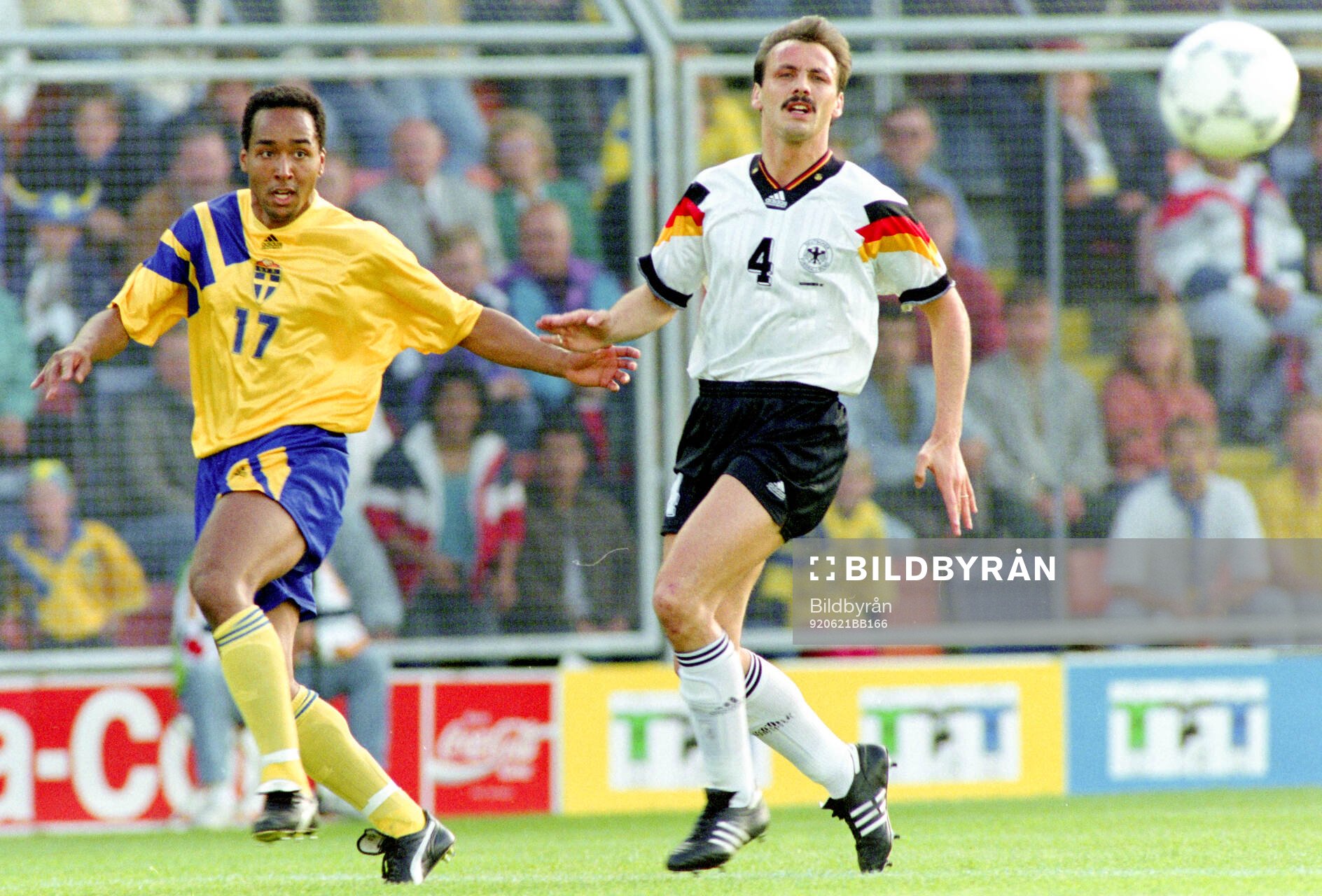 Swedens Martin Dahlin against Germanys Jurgen Kohler