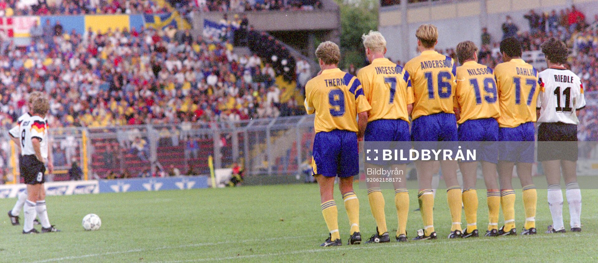 Germanys Thomas Hassler prepares to take a freekick against