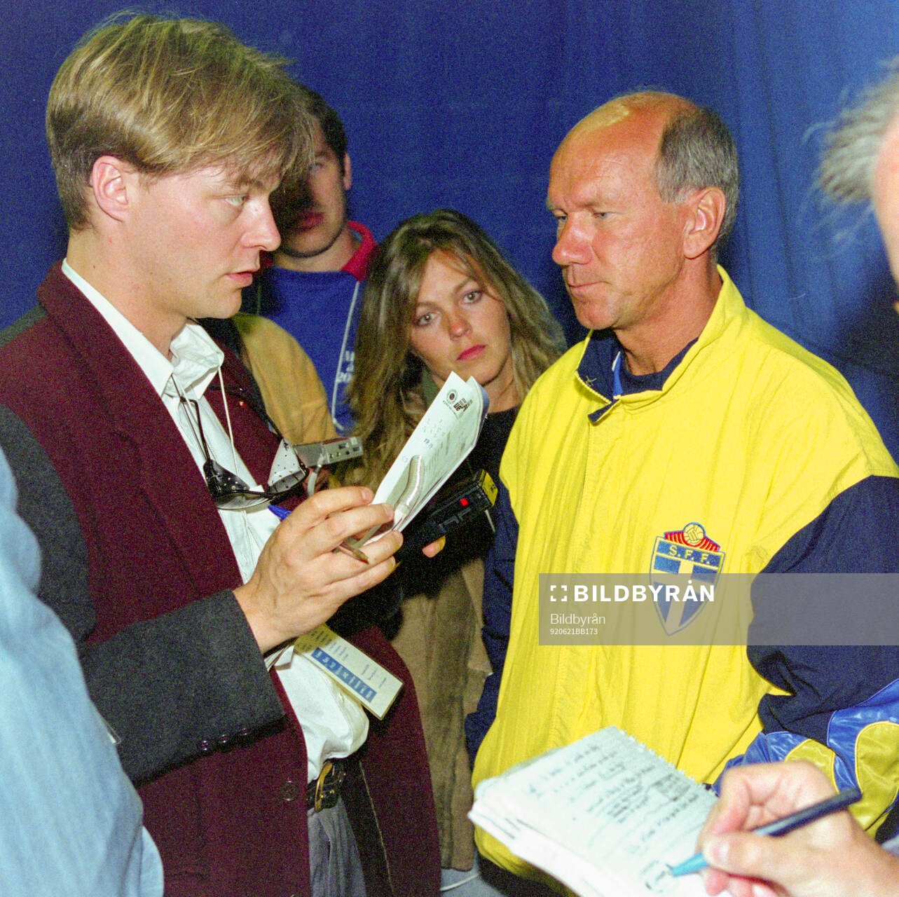 Swedens manager Tommy Svensson talks to the press