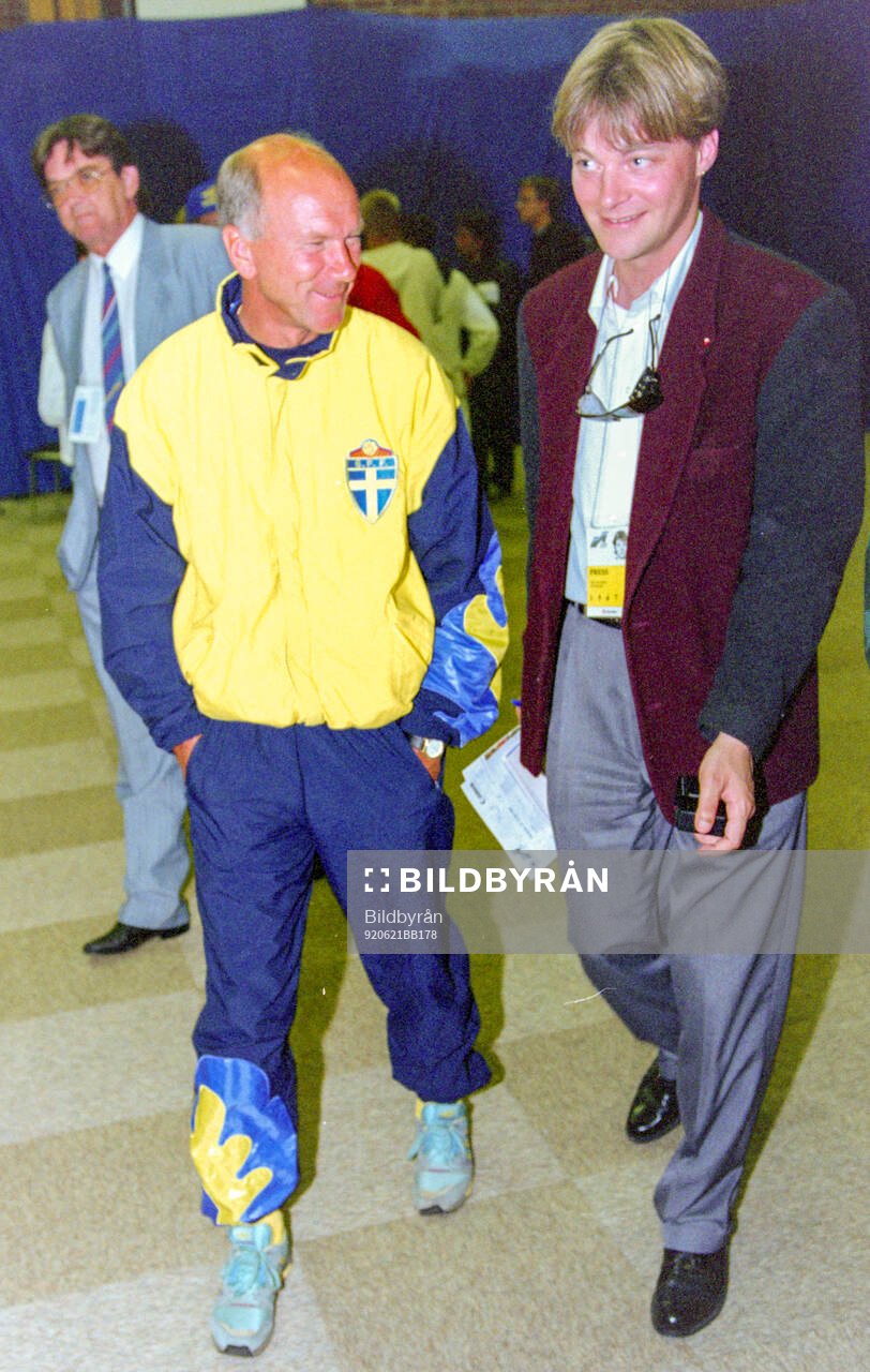 Swedens manager Tommy Svensson talks to the press