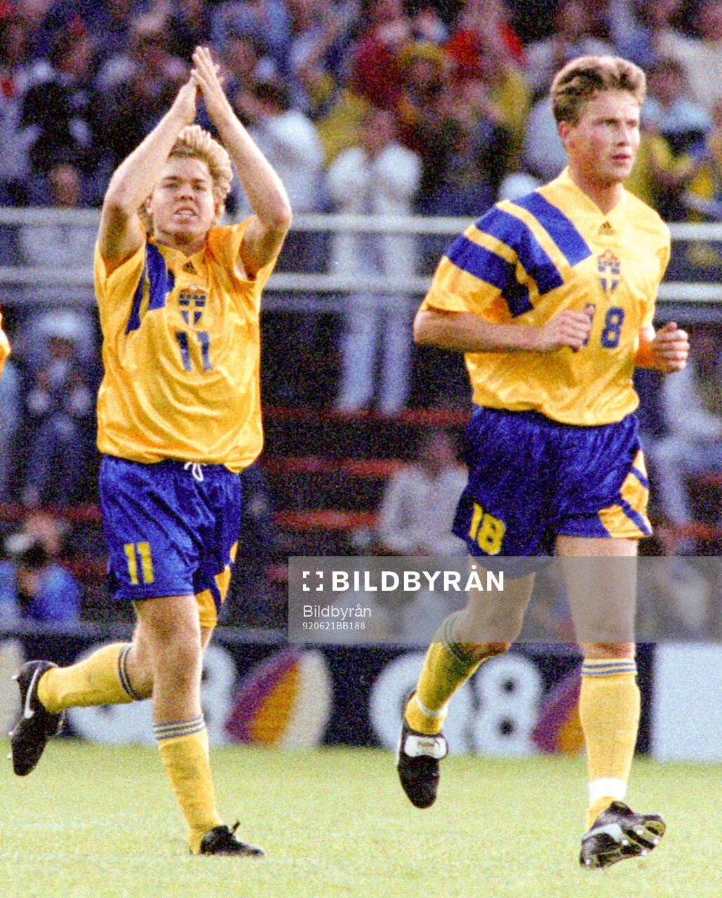 Swedens Tomas Brolin celebrates his penalty goal. Right