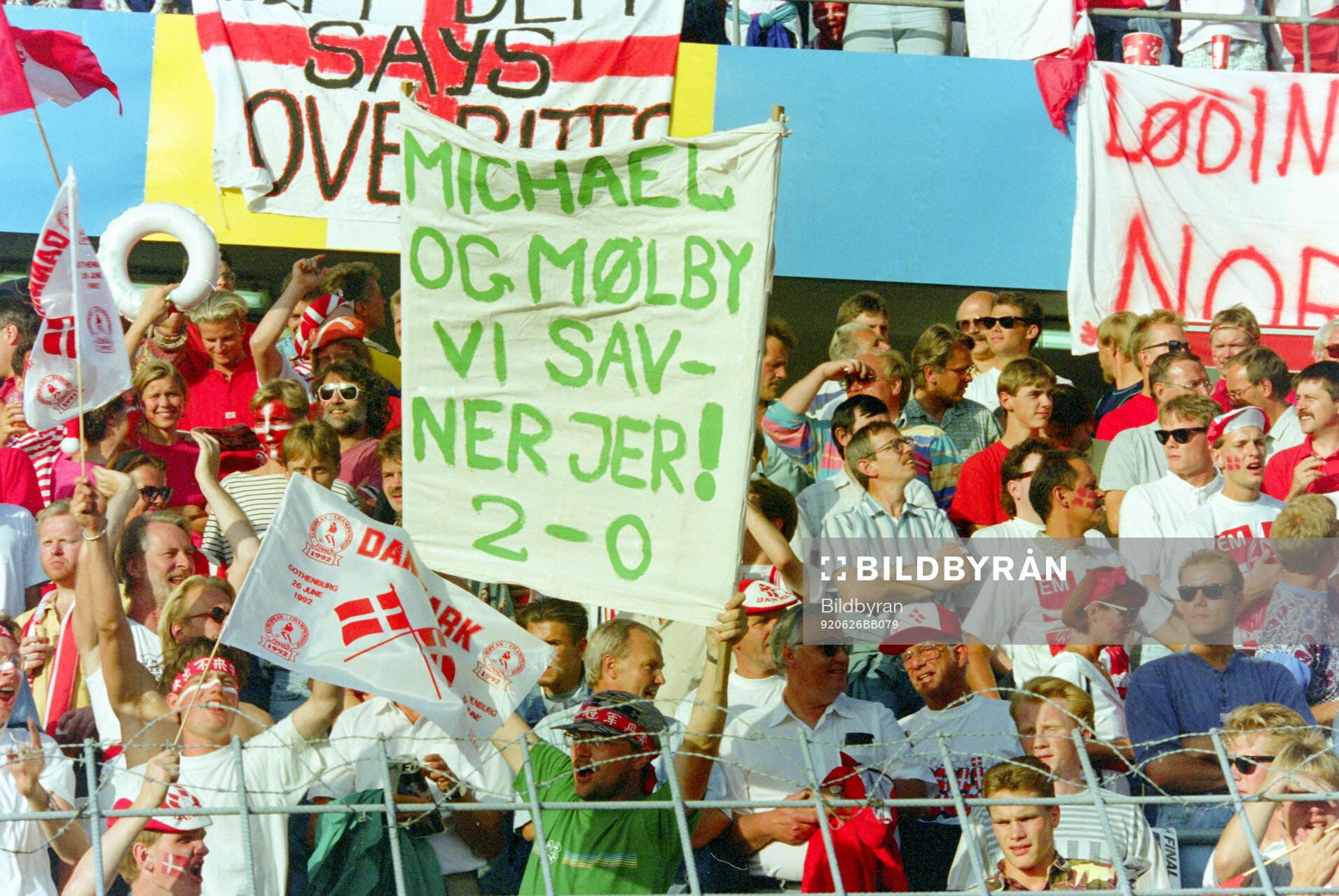Danish fans in the stands at Ullevi Stadium in Gothenburg