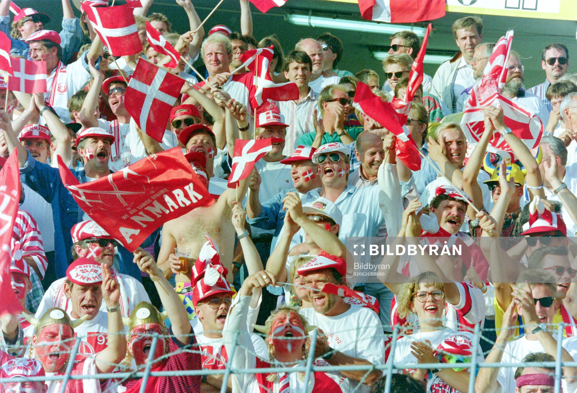Danish fans in the stands at Ullevi Stadium in Gothenburg
