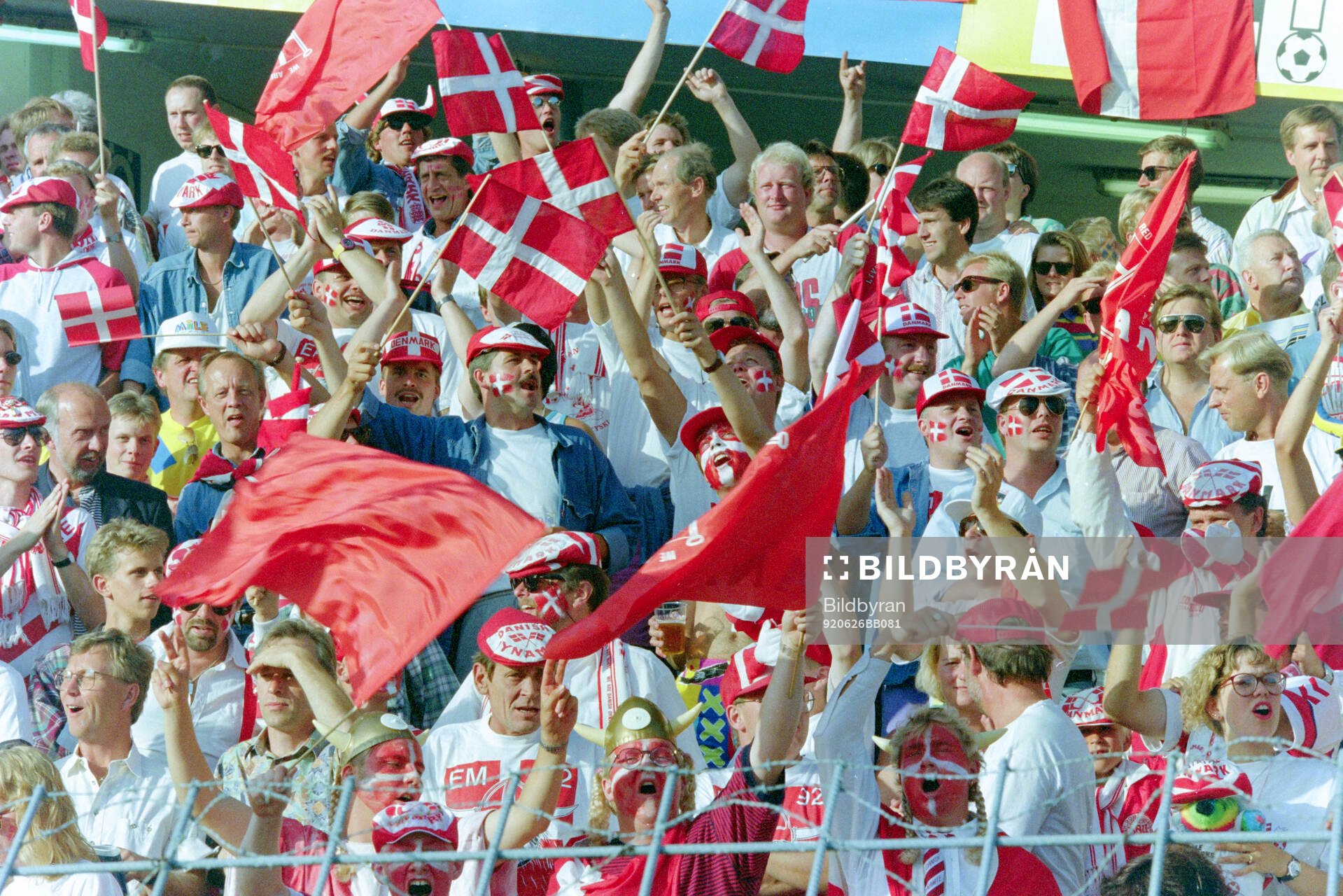 Danish fans in the stands at Ullevi Stadium in Gothenburg