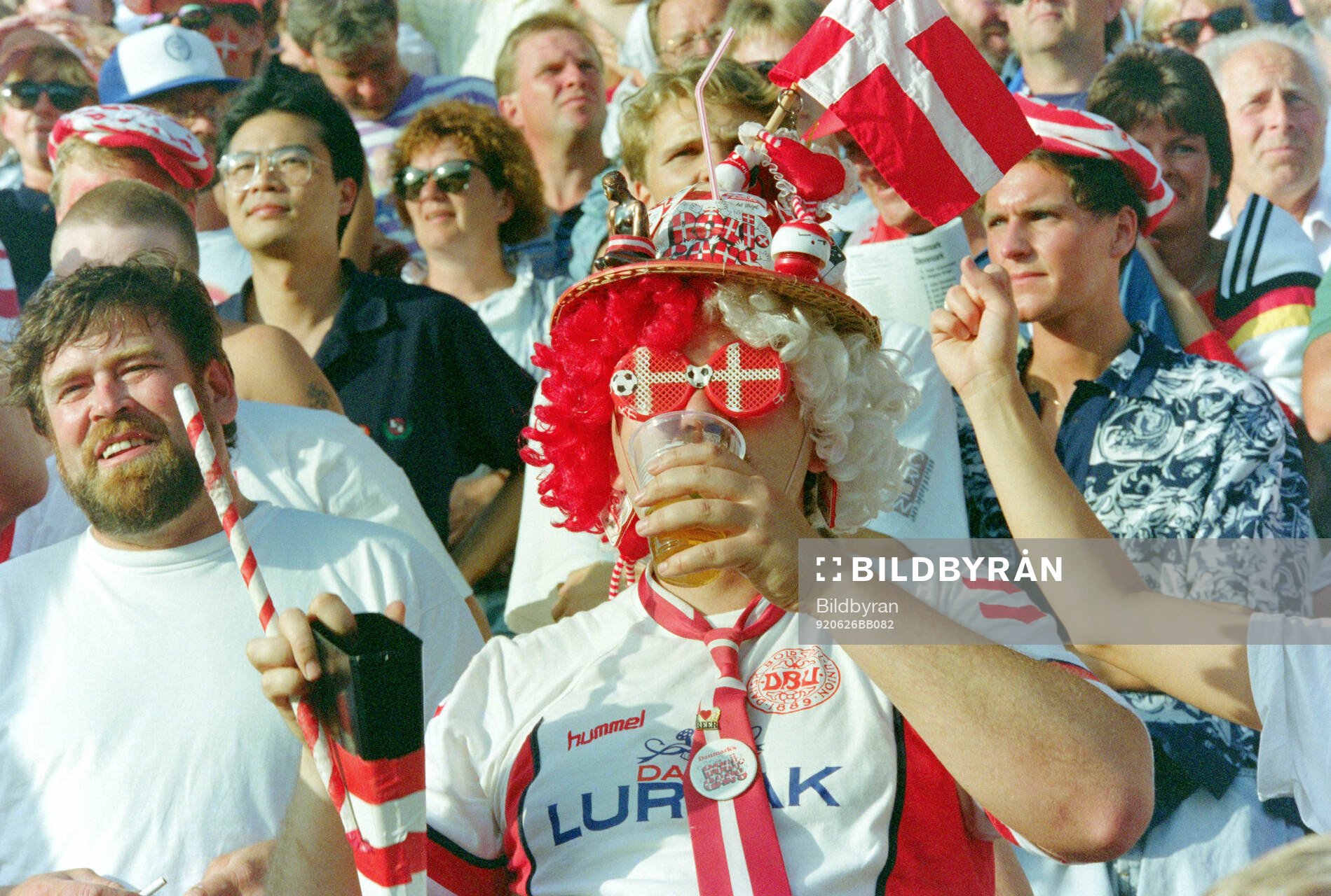 Danish fans in the stands at Ullevi Stadium in Gothenburg