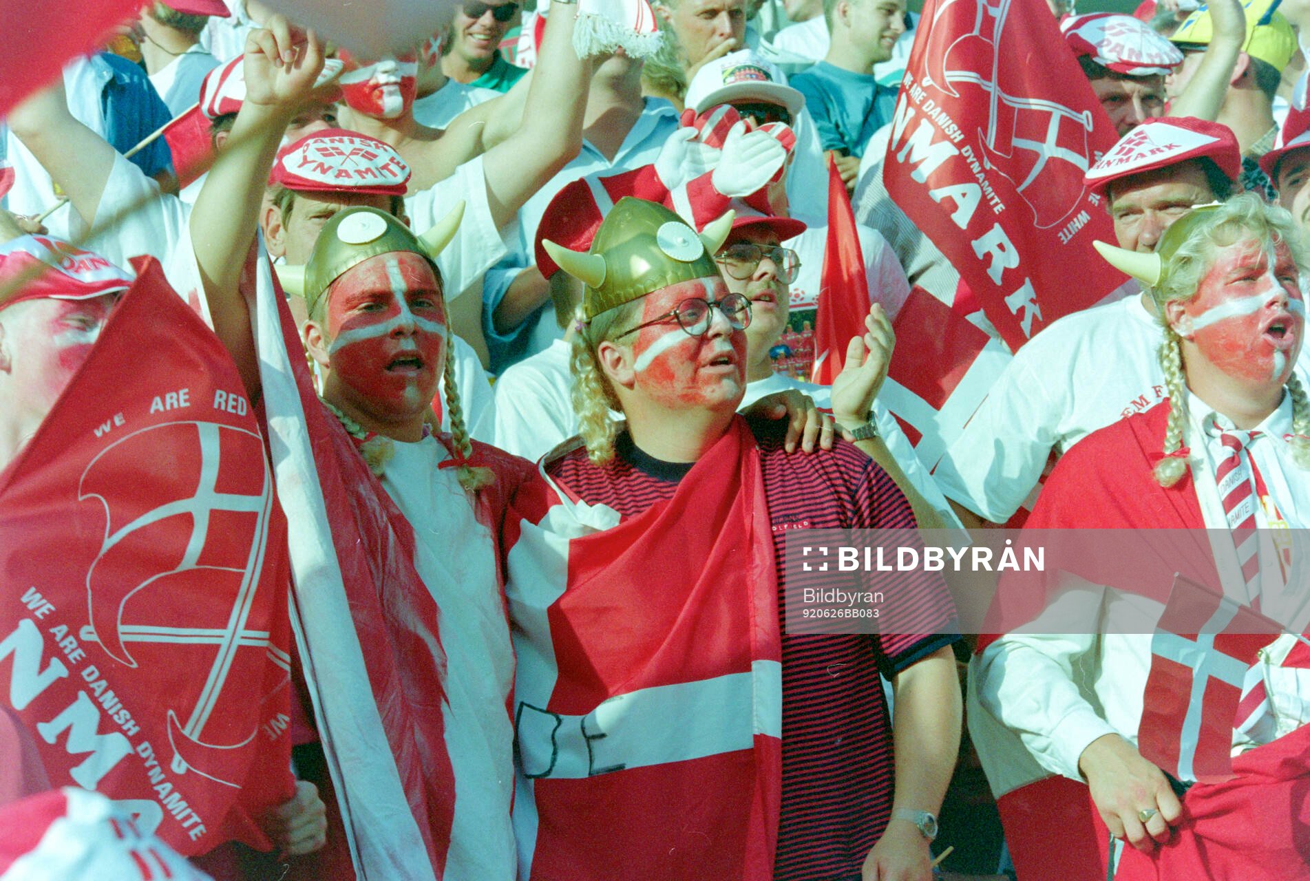 Danish fans in the stands at Ullevi Stadium in Gothenburg