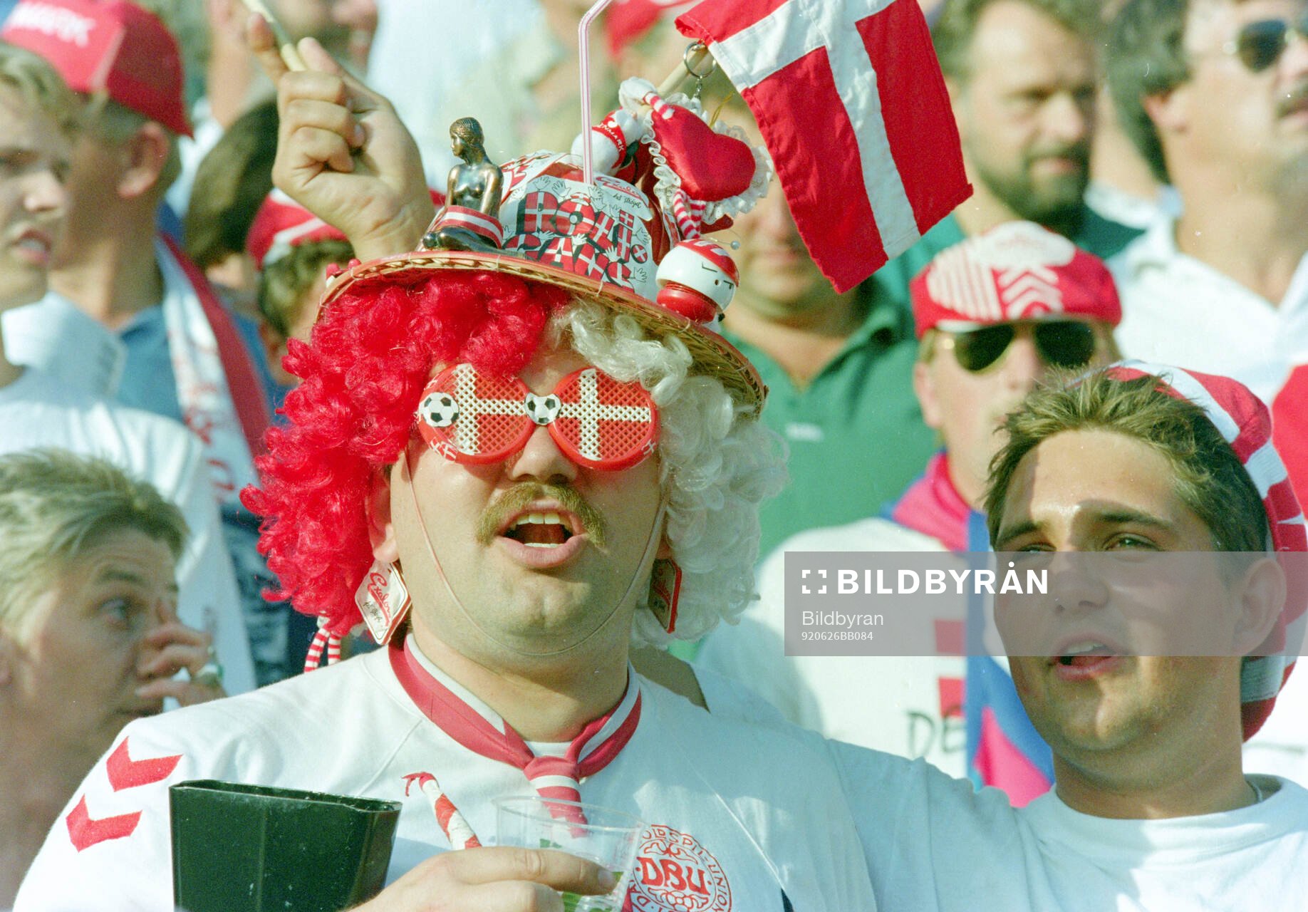 Danish fans in the stands at Ullevi Stadium in Gothenburg