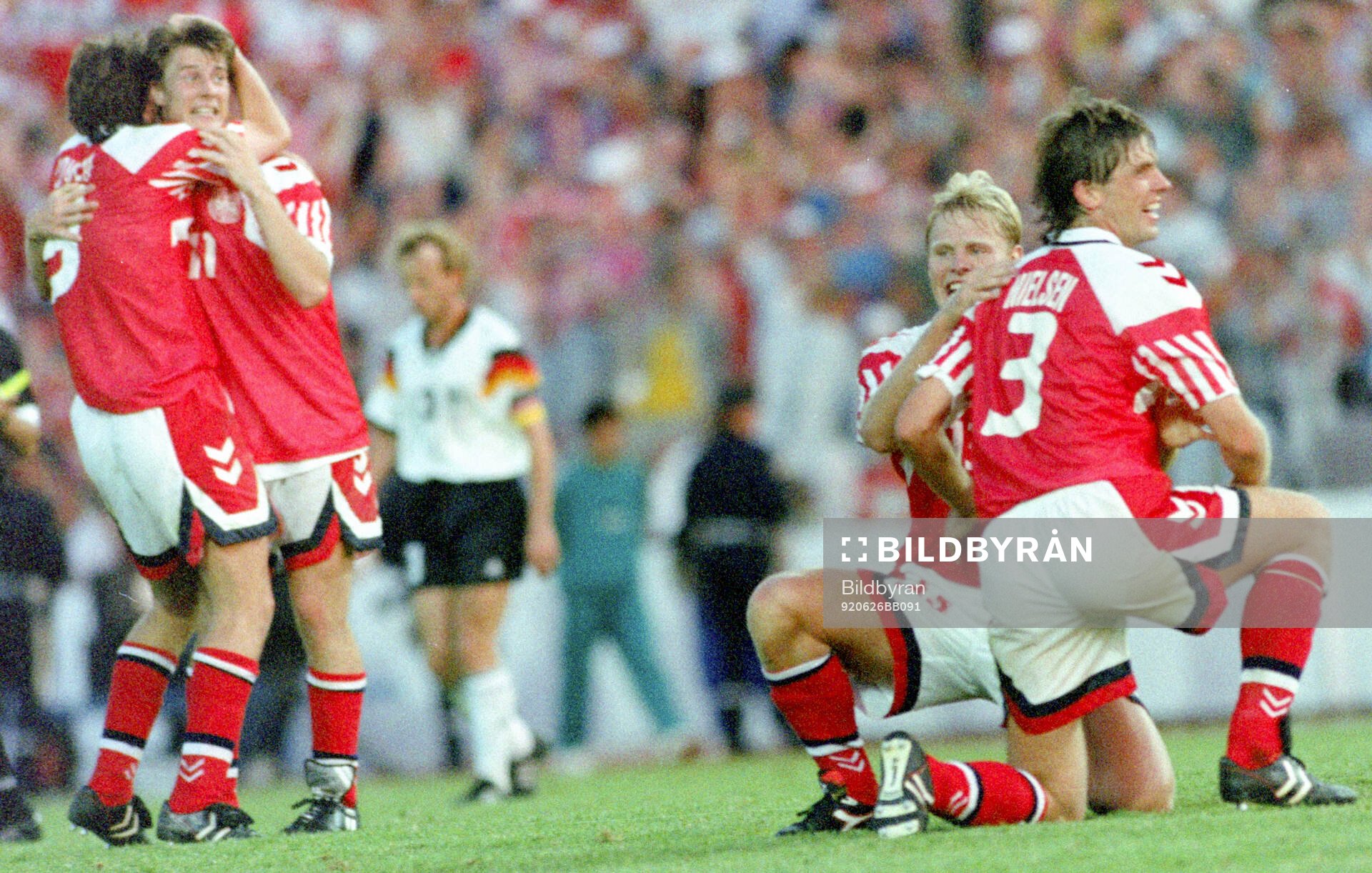 L-R Denmarks Kim Christofte, Brian Laudrup, Henrik Larsen