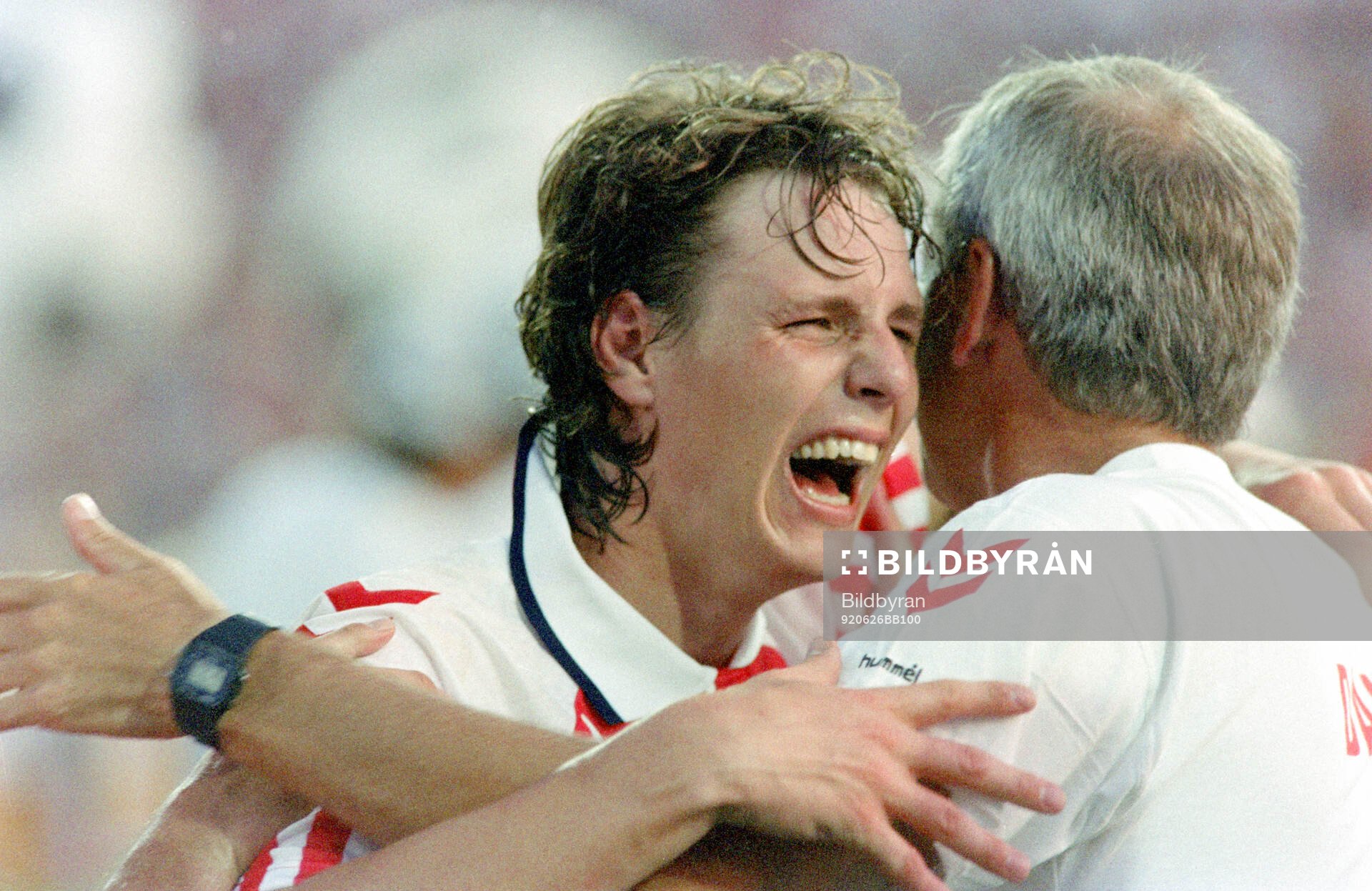 Denmarks Flemming Povlsen celebrates with manager Richard