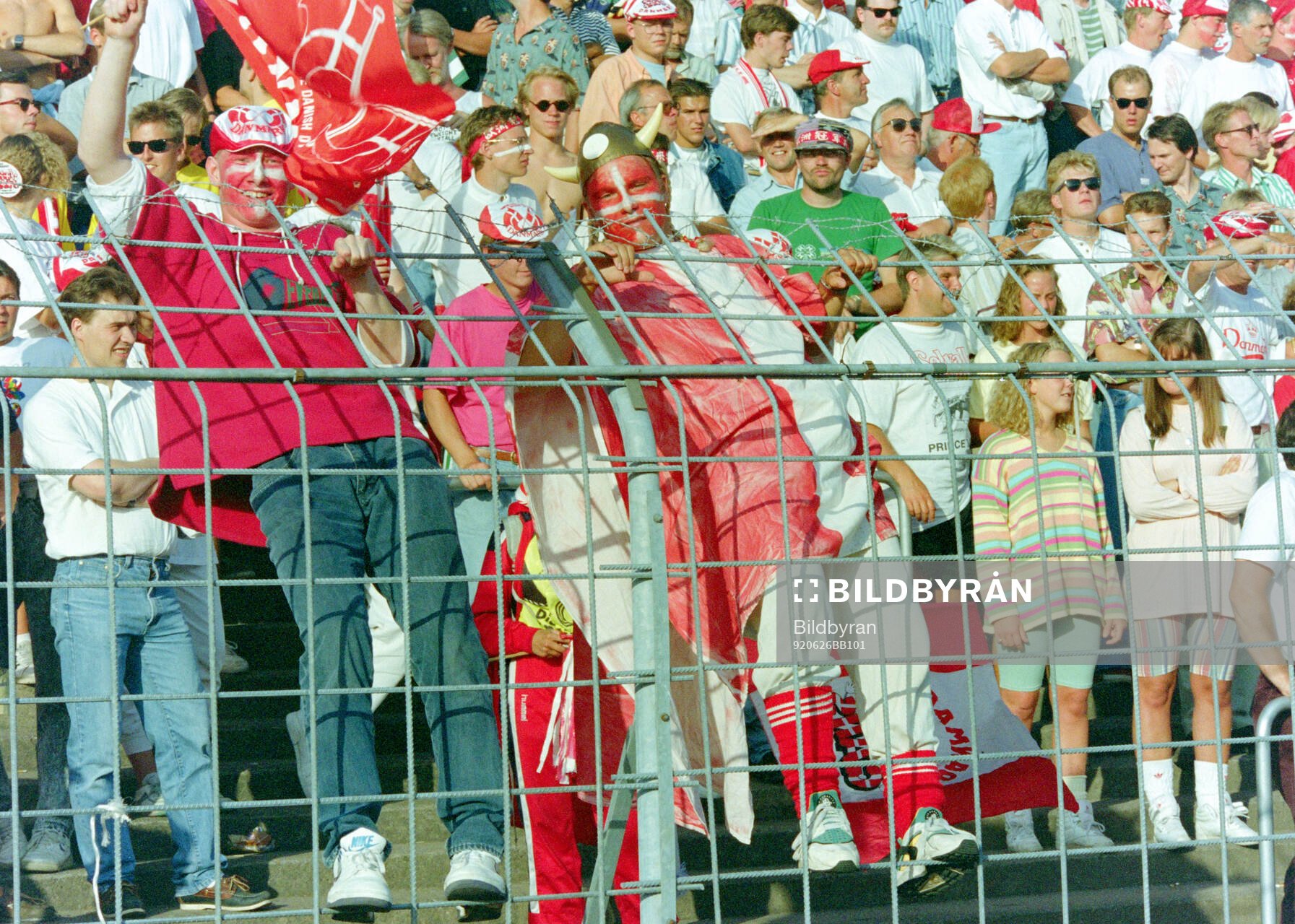 Danish fans in the stands at Ullevi Stadium in Gothenburg