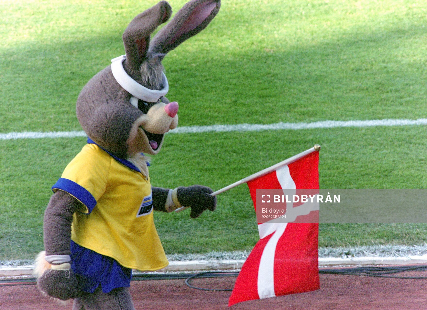 The Euro mascot Berni with a Danish flag at Ullevi Stadium