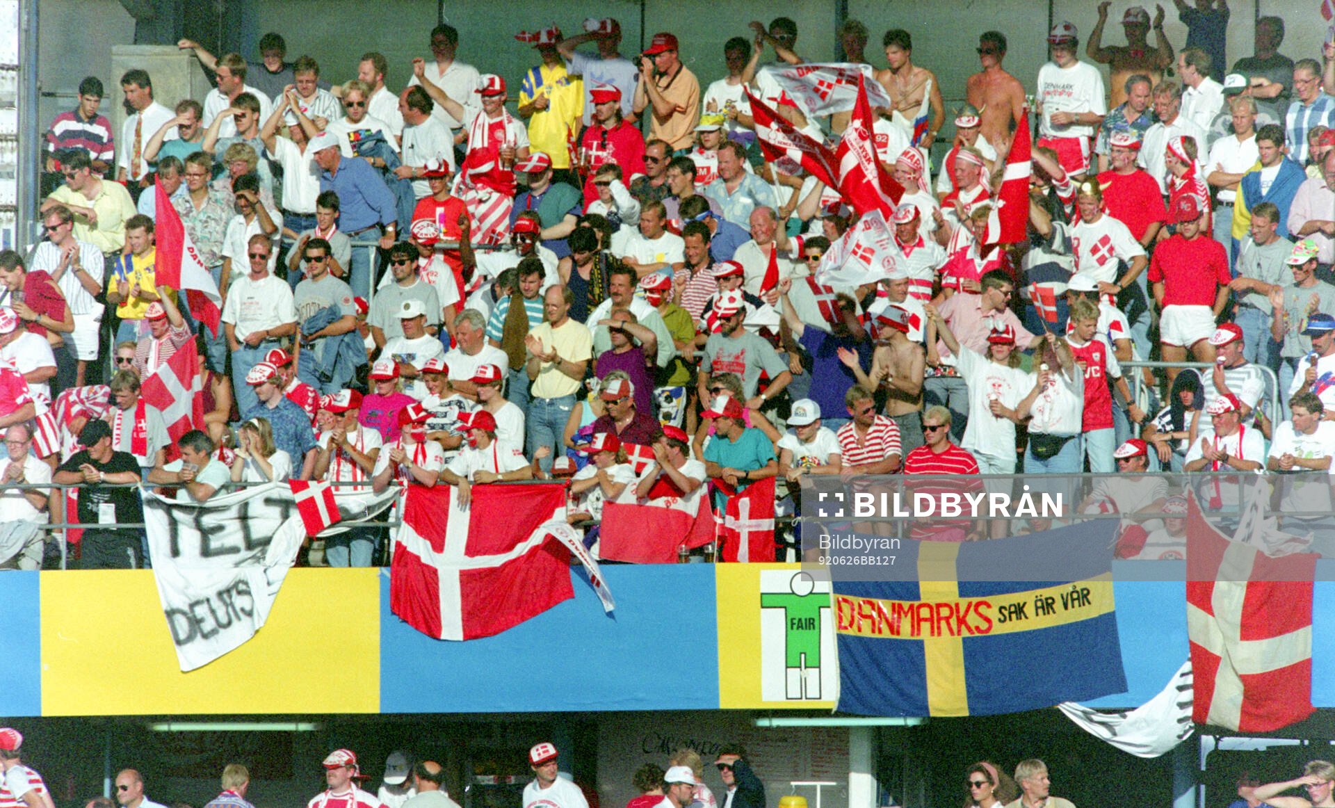 Danish fans celebrates in the stands at Ullevi Stadium in