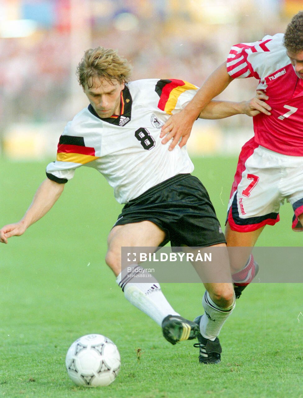Germanys Thomas Hassler against Denmarks John Jensen