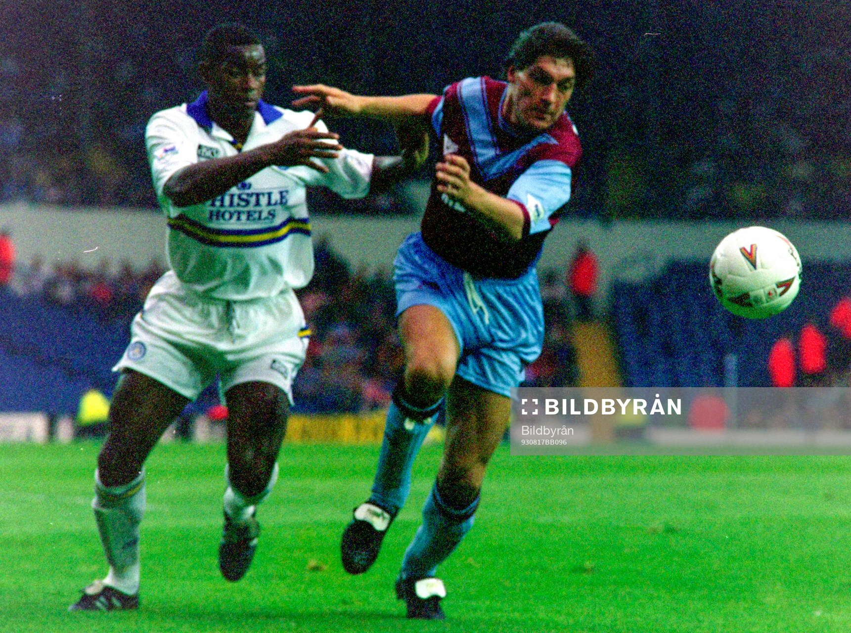 Chris Fairclough of Leeds against Tony Gale of West Ham