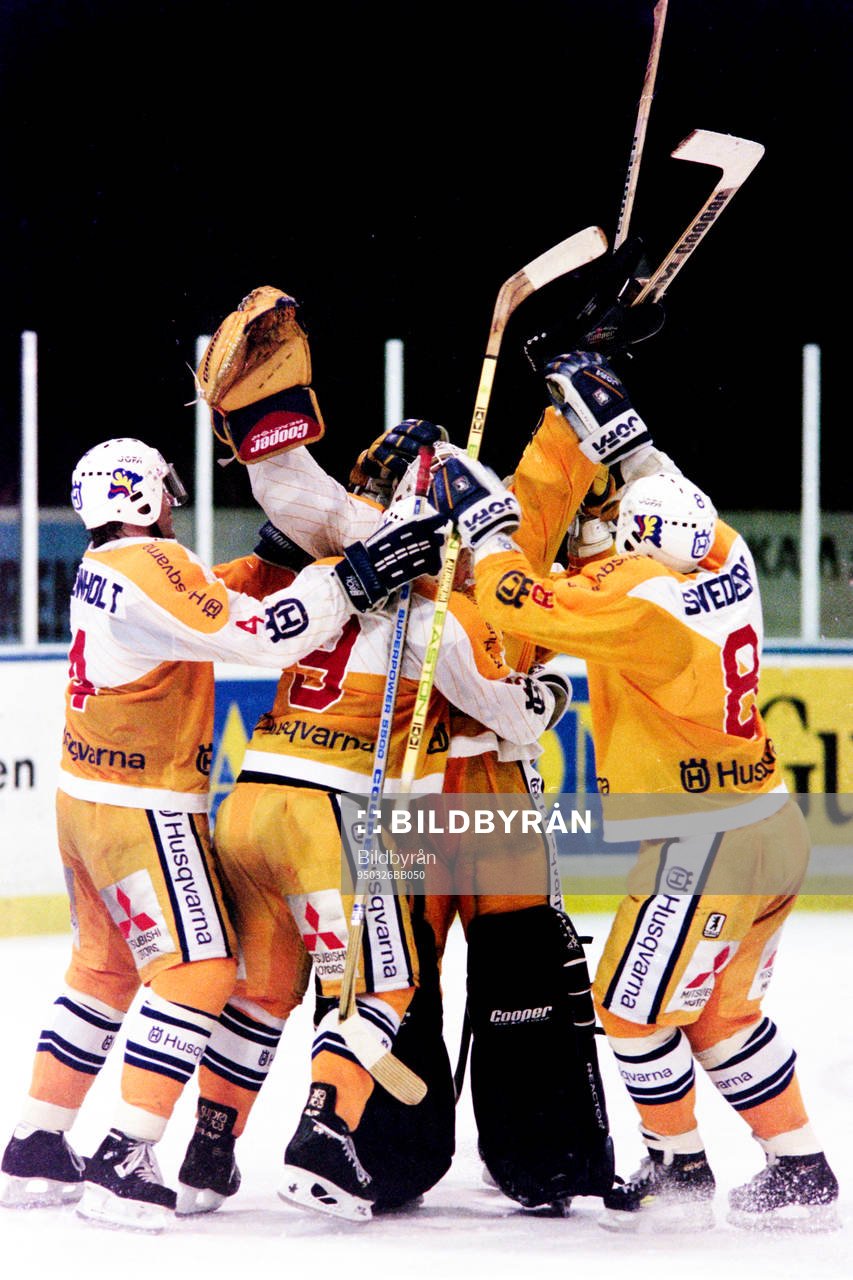 Boo Ahl, målvakt i HV71 jublar