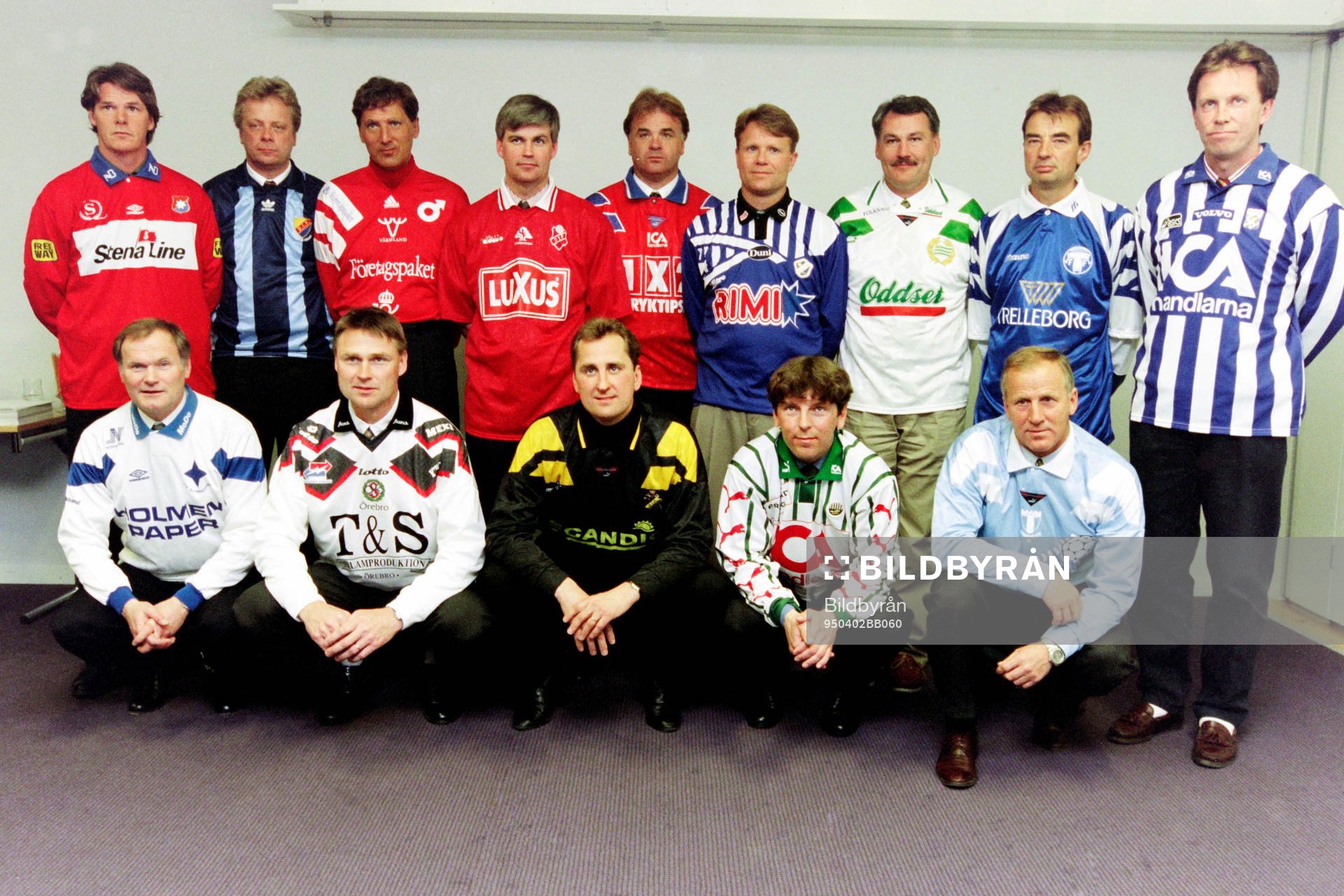 Tränarna i allsvenskan. Bakre raden fr. v: Karl-Gunnar