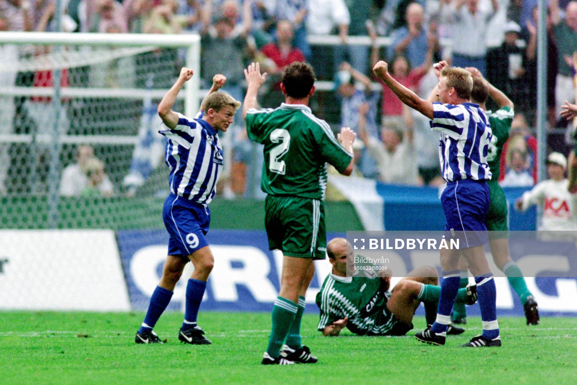 Fotboll, Champions League, IFK Göteborg - Legia Warszawa, 1-2: Jesper Blomqvist och Stefan Landberg, Göteborg jublar efter mål.
