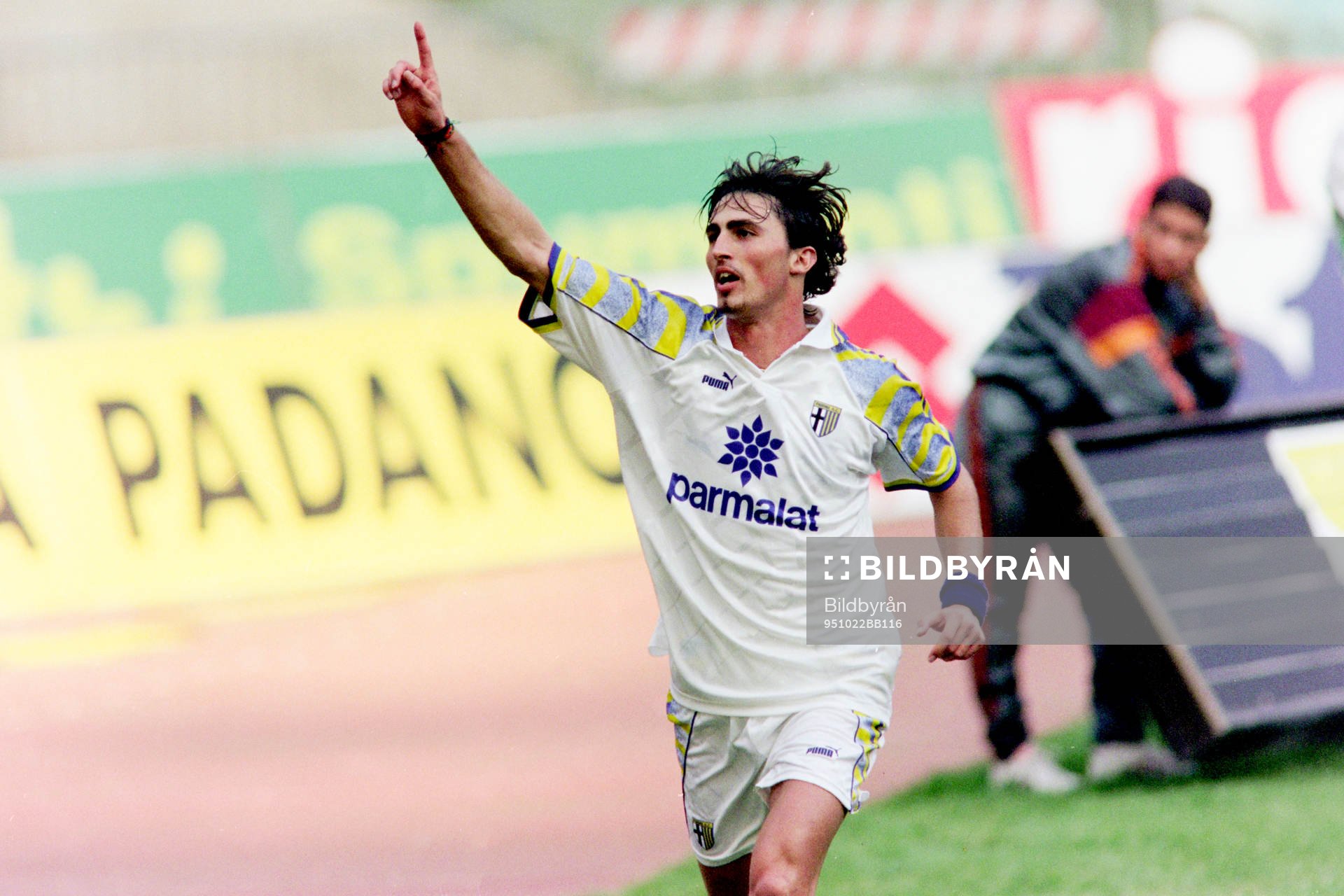 Fotboll, Serie A, Roma - Parma, 1-1: Dino Baggio, Parma jublar efter sitt mål.