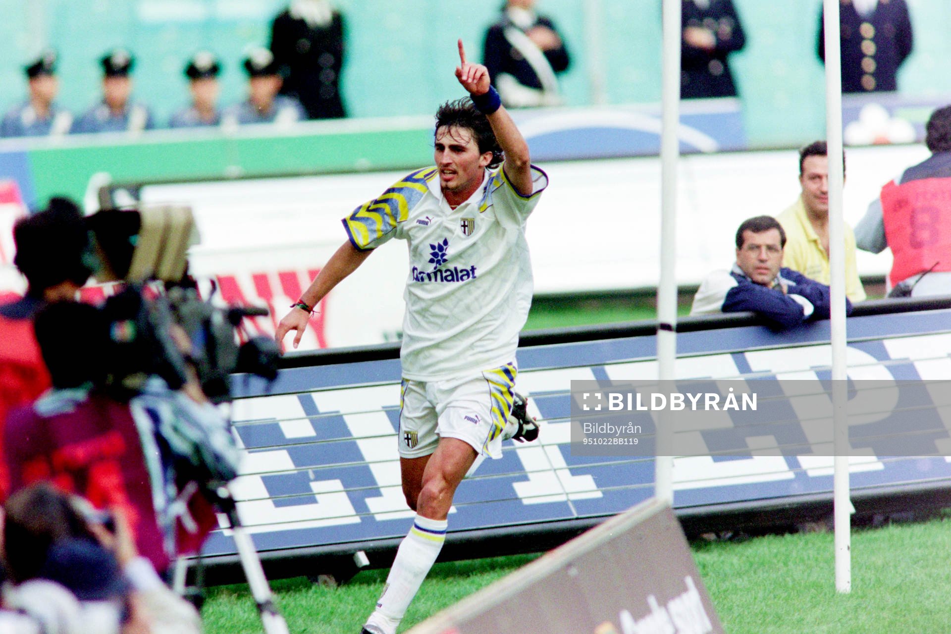 Fotboll, Serie A, Roma - Parma, 1-1: Dino Baggio, Parma jublar efter sitt mål.