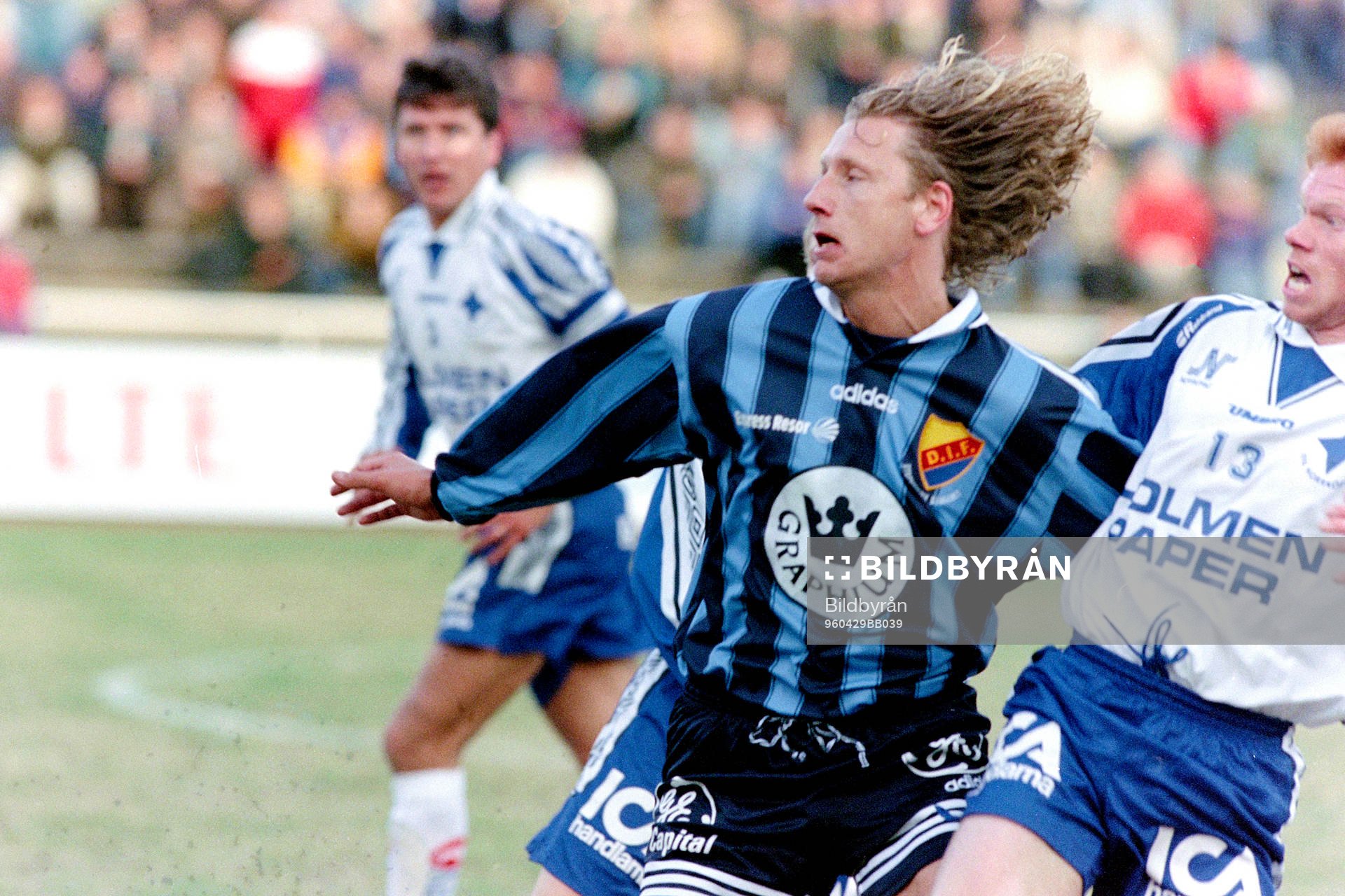 Fotboll, Allsvenskan, Djurgården - Norrköping, 1-1: Jesper Jansson, Djurgården i kamp med Magnus Samuelsson, Norrköping.