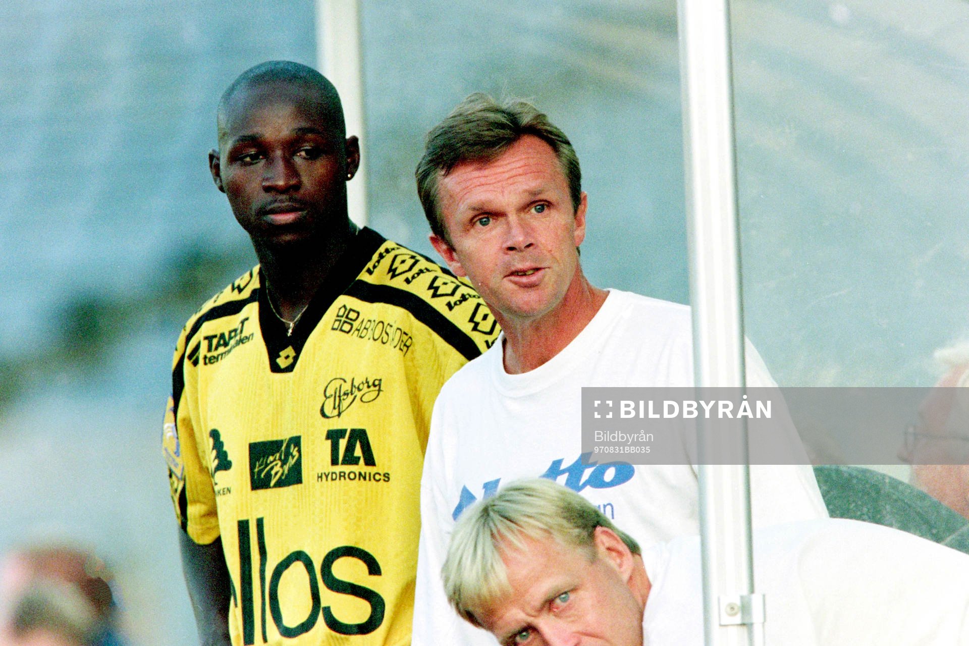 Fotboll, Allsvenskan, Malmö FF - Elfsborg, 2-0: Moses Nsubuga och Anders Linderoth, tränare i Elfsborg. 