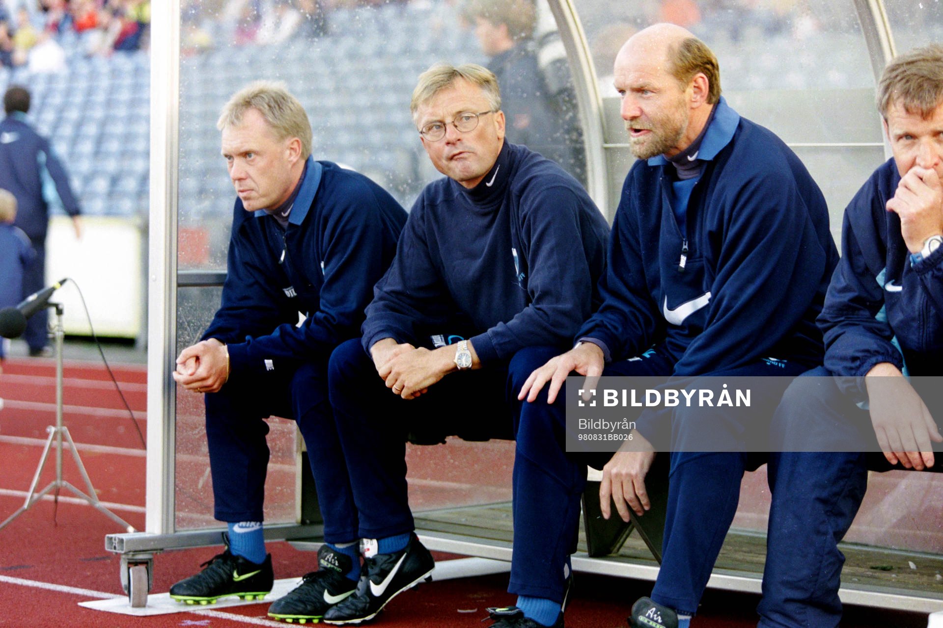 Fotboll, Allsvenskan, Malmö FF - Öster, 2-0: Malmös tränare fr. v Lasse Larsson, Roland Andersson och Thomas Sjöberg.