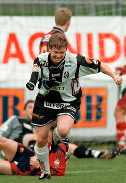 Fotboll, Superettan, Landskrona - Djurgården, Håkan Söderstjerna jublar