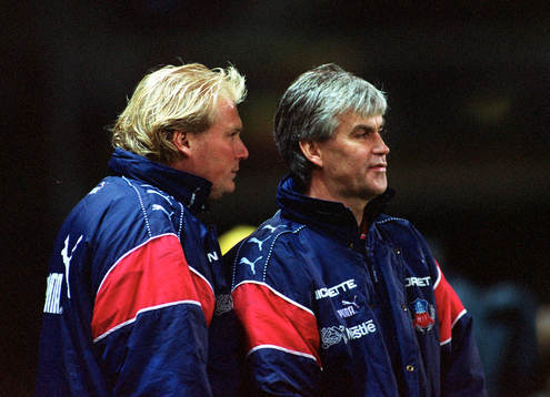 Fotboll, allsvenskan, Jörgen Lennartsson och Kurt-Arne Bergstrand, tränare Helsingborg.