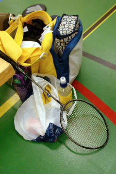 Badminton. Utrustning, racket, flaska, väska
