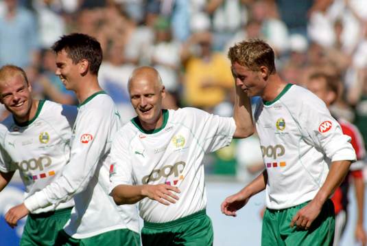 Jubel i Hammarby. Fr.v Andreas Hermansson, Johan Andersson,