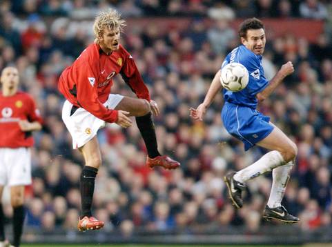  Birmingham's Stan Lazaridis och  David  Beckham, Manchester. 