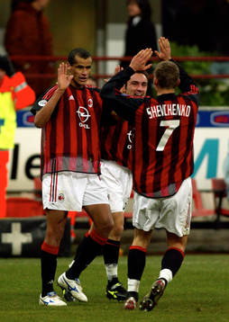  Ferreira Rivaldo Borba, Christian Brocchi och Andriy Shevchenko, Milan jublar, jubel
