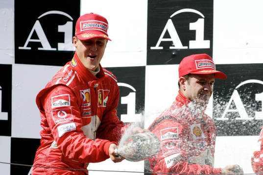 Michael Schumacher, Ferrari och Rubens Barrichello, jubel