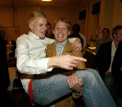  Trelleborg är klara för allsvenskan. Här festar Mats Lilienberg och Kristian Haynes.