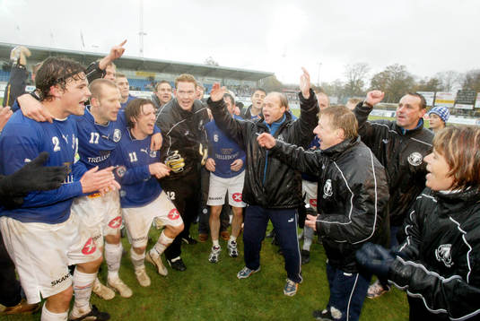 Trelleborg är tillbaka i Allsvenskan. Jubel. Tränarna Ulf