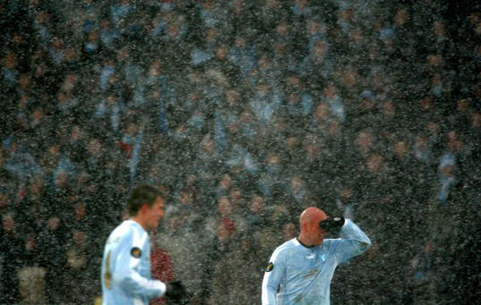 Fotboll, Royal Leauge, Malmö - Brann,  snöstorm, Malmös
