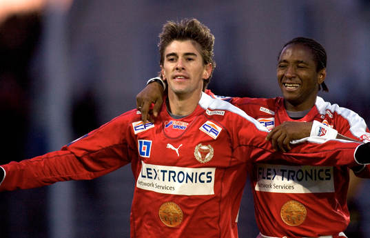 Fotboll, Allsvenskan, Kalmar - Häcken. César Santin och Fábio Augusto, jubel 2-0.