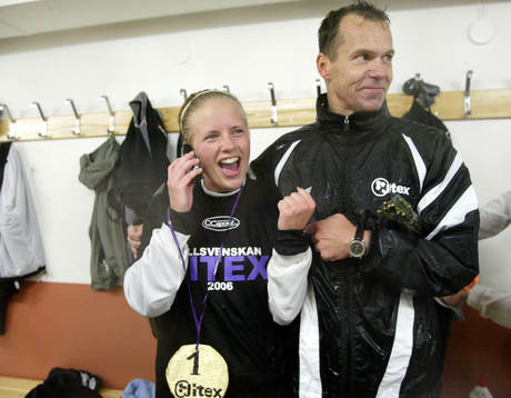   Jitex spelare firar. Jubel, glädje. Klara för allsvenskan.